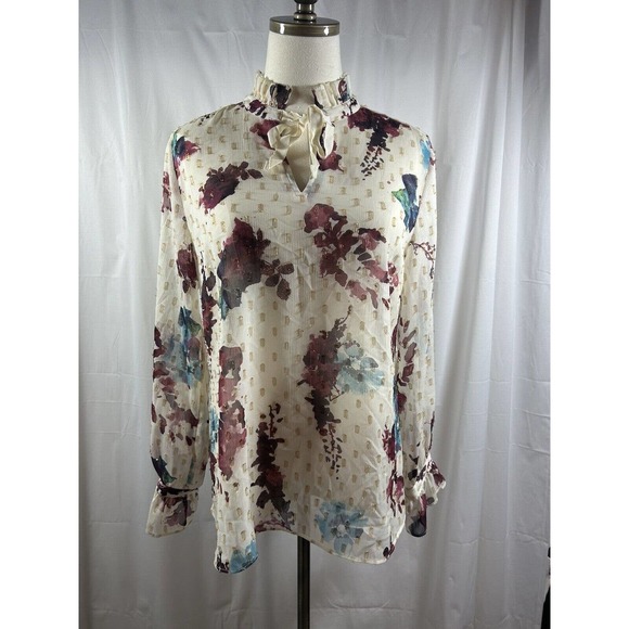 Soft Surroundings Floral Metallic Blouse Tie Neck Bell Sleeve Size S Multicolor - Picture 1 of 9